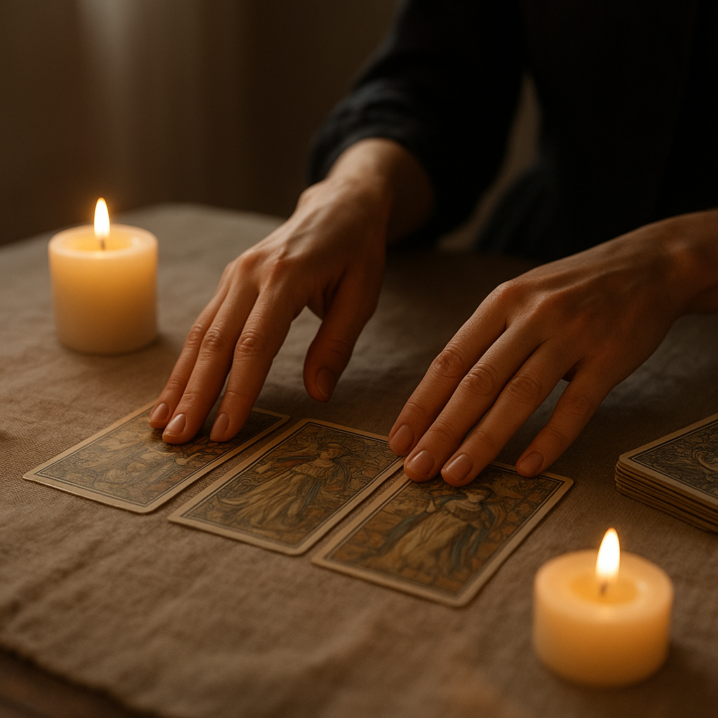 Wróżka Mława układa karty tarota na stole przy świetle zapalonych świec.