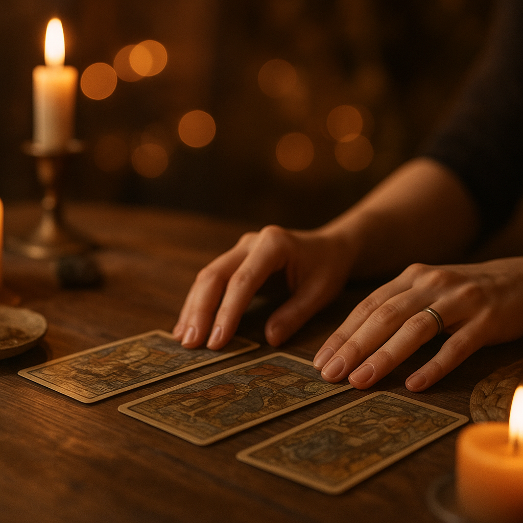 Wróżka Wieliczka układa karty tarota przy zapalonych świecach podczas spokojnej konsultacji.