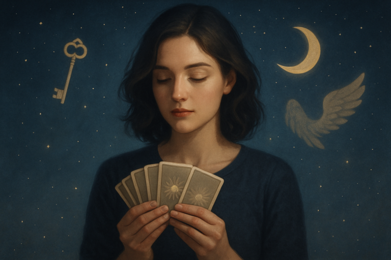 Ilustracja strony Blog przedstawia kobietę trzymającą wachlarz kart na tle gwiazd, księżyca i symbolicznego klucza.