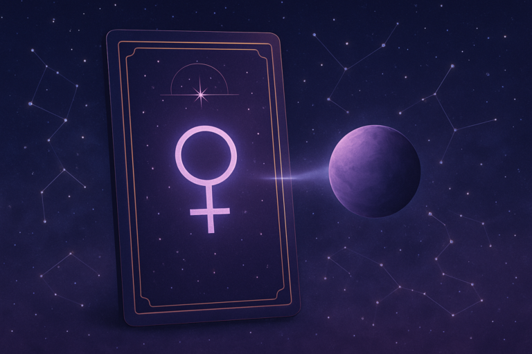 Blog z kartą z symbolem Wenus na tle gwiazd i fioletowej planety