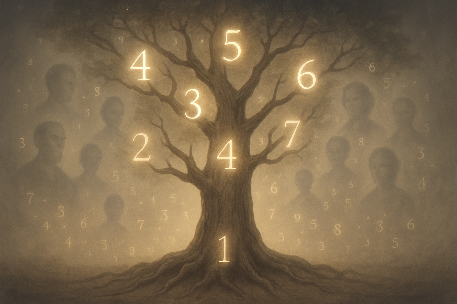 Drzewo przodków z symbolami liczb ilustruje numerologiczne tajemnice imion rodowych i dziedzictwo duchowe.