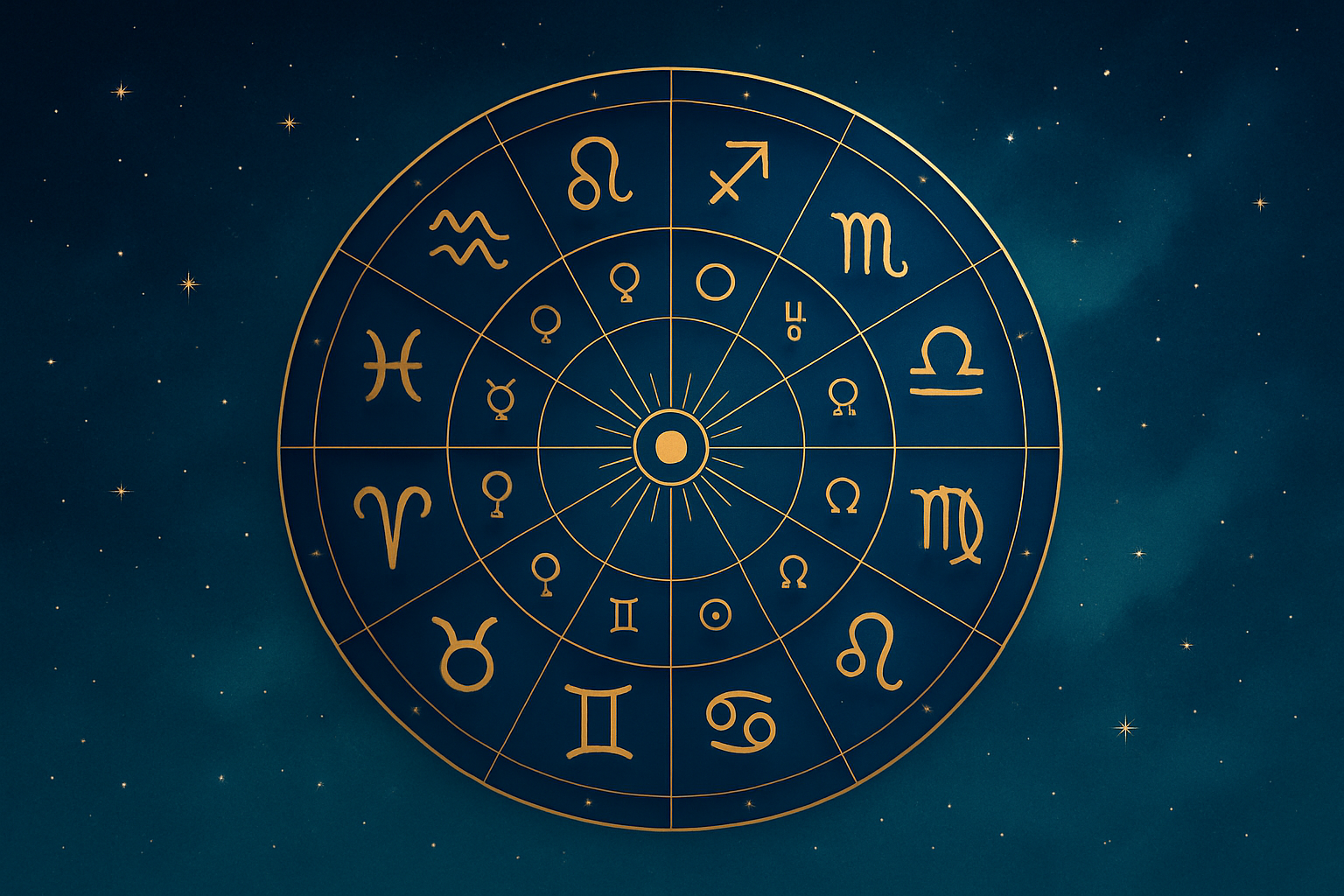 Złoty zodiak na tle rozgwieżdżonego nieba ilustrujący horoskop roczny 2026 i astrologiczne energie roku.