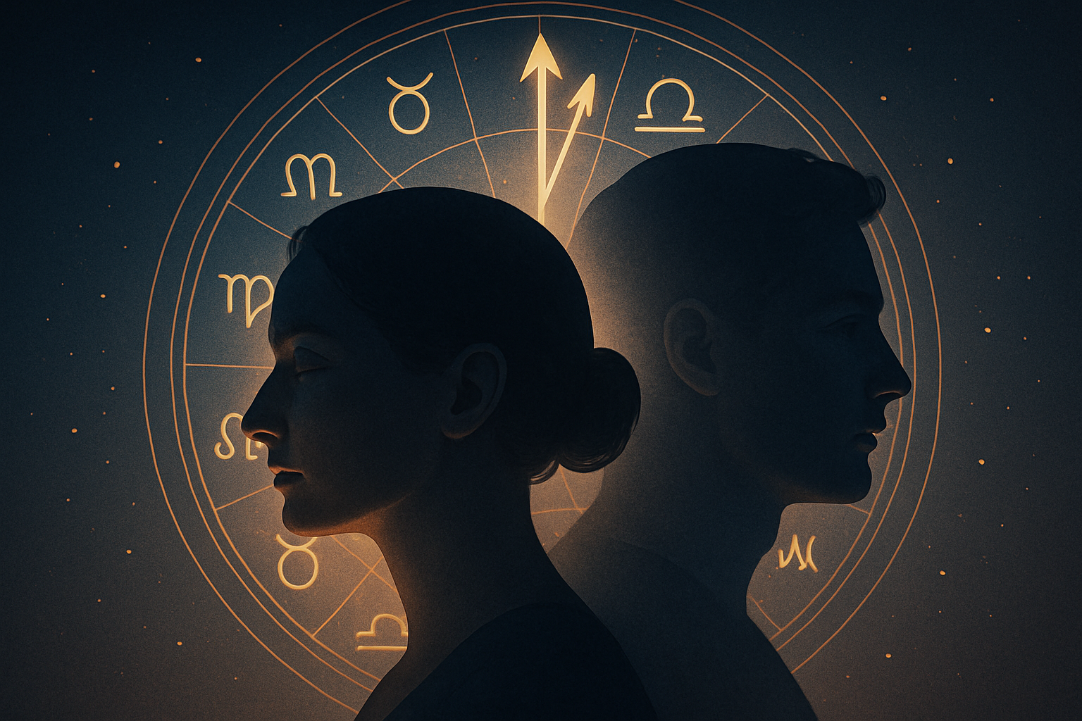 Ilustracja przedstawia dwie sylwetki na tle astrologicznego koła znaków zodiaku, symbolizując wpływ, jaki wyjaśnia horoskop ascendentu.