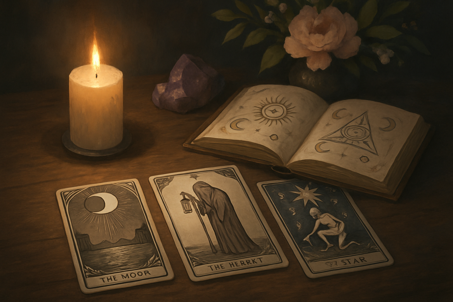 Układ Trzech Kart Tarot online przedstawiony na stole obok świecy i otwartej księgi ezoterycznej.