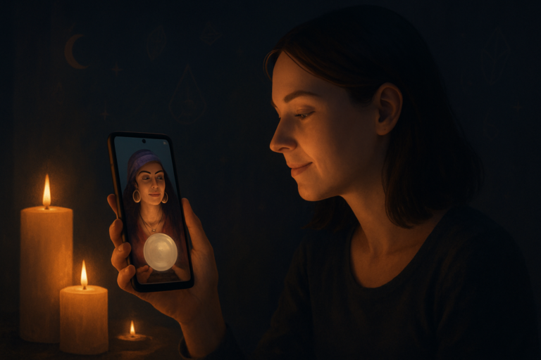Blog przedstawia kobietę trzymającą telefon z wizerunkiem osoby przy świecach.
