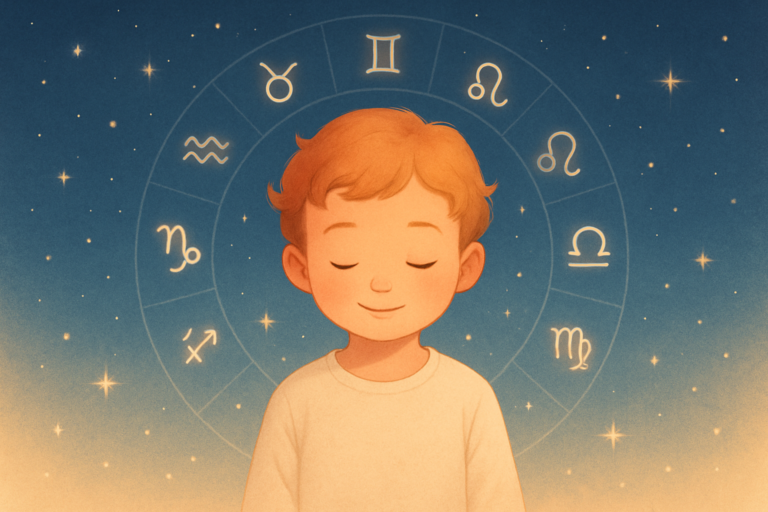 Blog z ilustracją spokojnego dziecka na tle gwiazd i symboli zodiaku