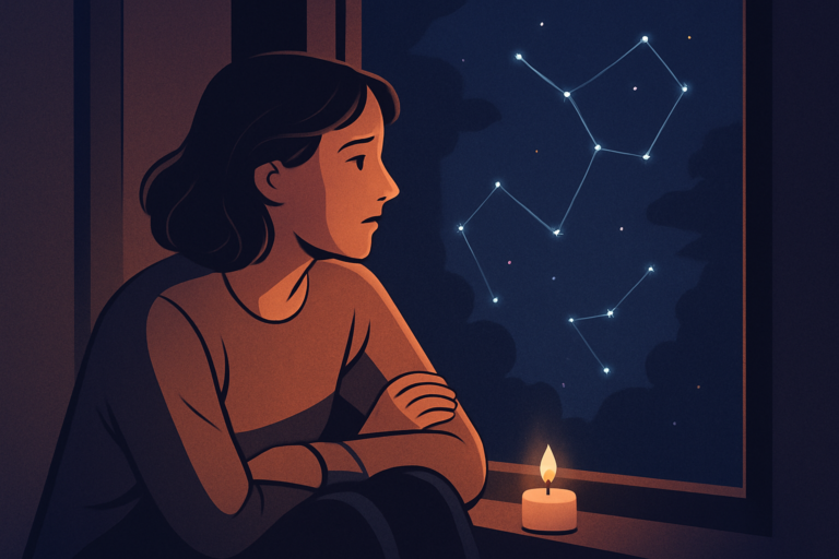 Kobieta obserwuje nocne niebo przy świecy w ilustracji przedstawiającej Blog