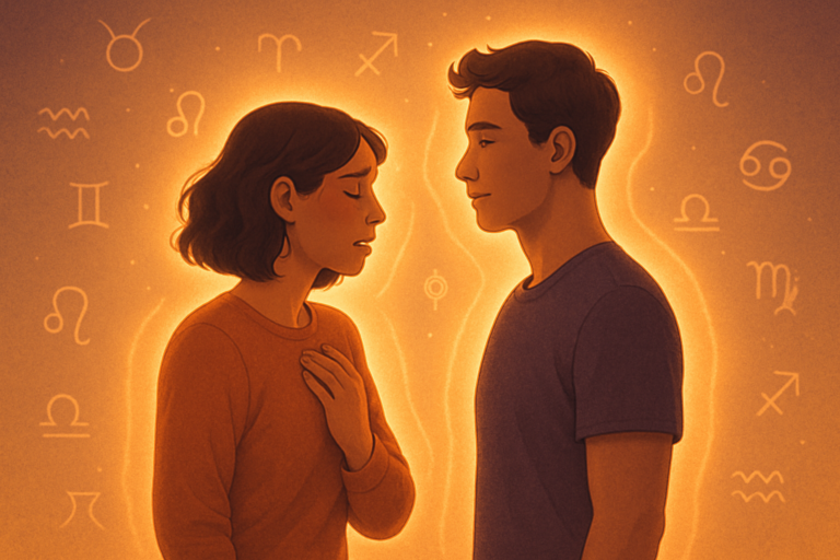 Blog przedstawia ilustrację kobiety i mężczyzny stojących naprzeciw siebie na tle symboli zodiaku.
