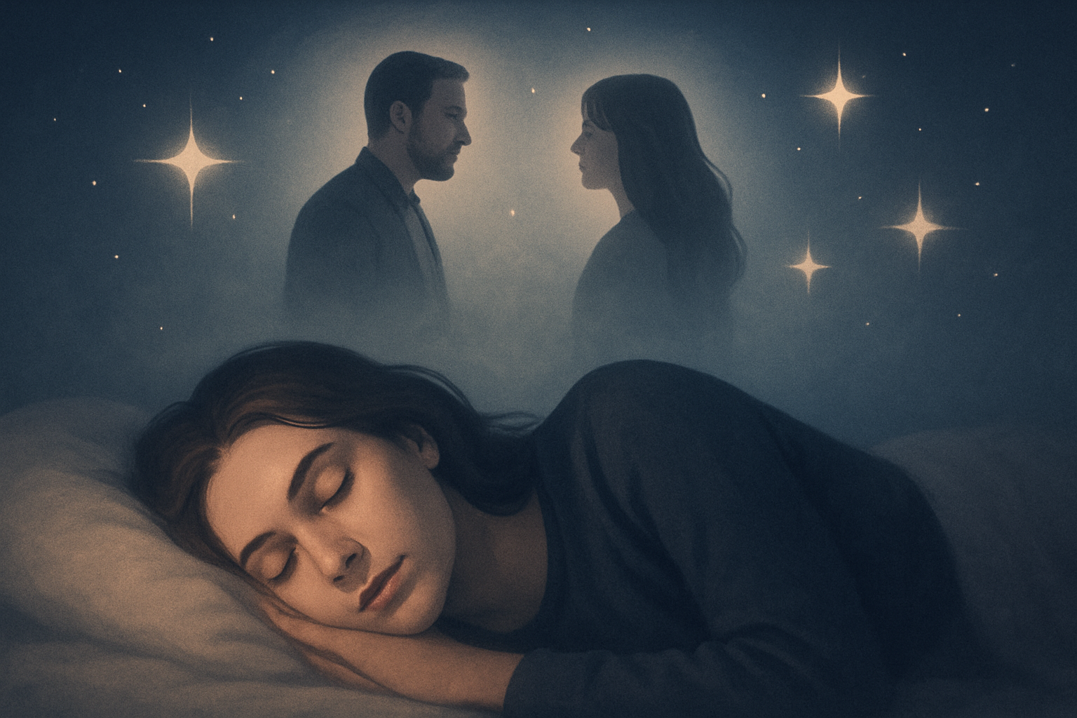 horoskop ascendentu — Śpiąca kobieta śni o spotkaniu dwóch osób na tle gwiazd, symbolizując wpływ horoskopu ascendentu na relacje i postrzeganie świata.