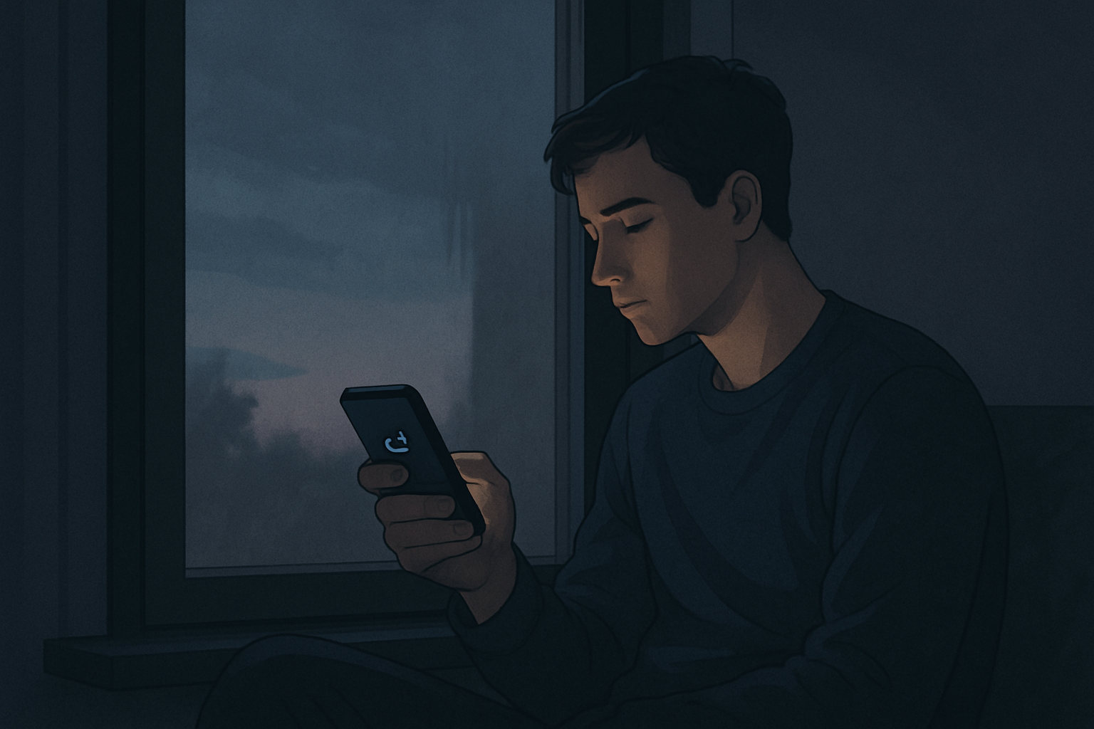 Mężczyzna siedzi przy oknie i patrzy na telefon, zastanawiając się, co oznacza, gdy unikasz kontaktu z ważną osobą.