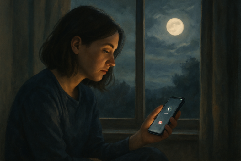 Blog przedstawia kobietę patrzącą na smartfon przy oknie w świetle księżyca.