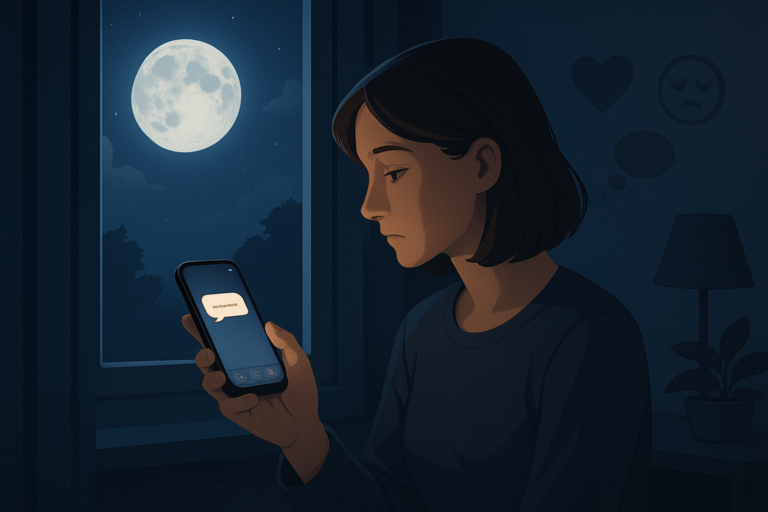 Kobieta z telefonem nocą Ilustracja kobiety patrzącej nocą na telefon z wiadomością, przy oknie z widocznym księżycem.