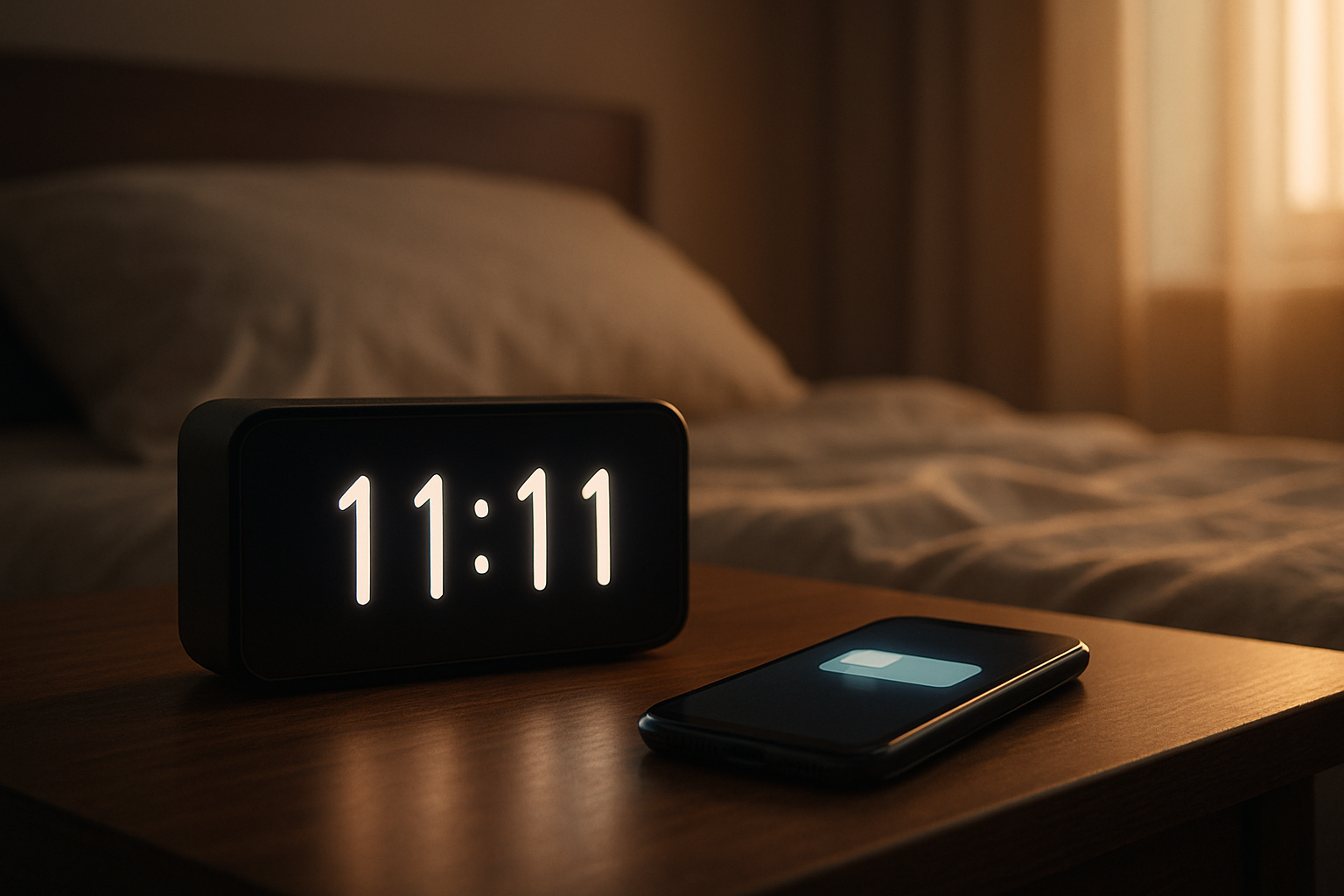 Budzik cyfrowy pokazujący godzinę 11:11 i smartfon leżące na stoliku nocnym przy łóżku.