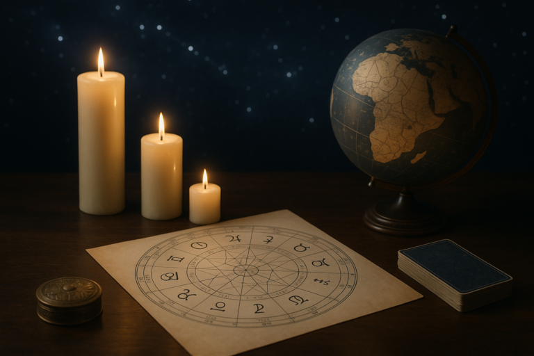 Blog z ilustracją koła zodiaku, świecami i globusem na ciemnym tle