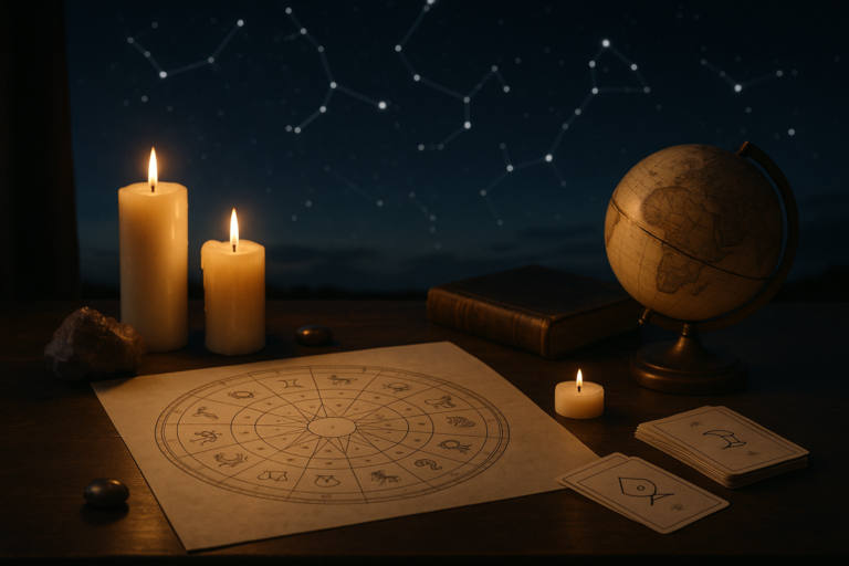 Blog przedstawiony jako nastrojowa scena z mapą astrologiczną, globusem, księgą i zapalonymi świecami.