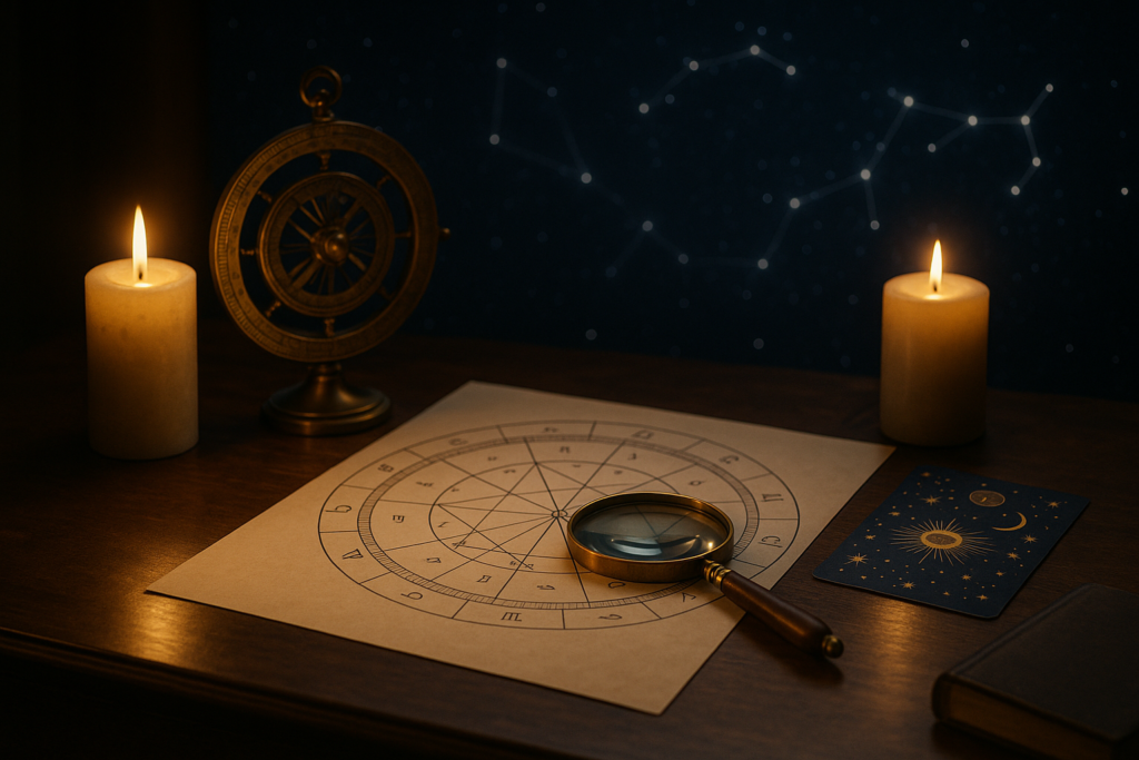 Horoskop dzienny 6 lipca 2026 przedstawiony na tle astrologicznej mapy zodiaku, świec i lupy.