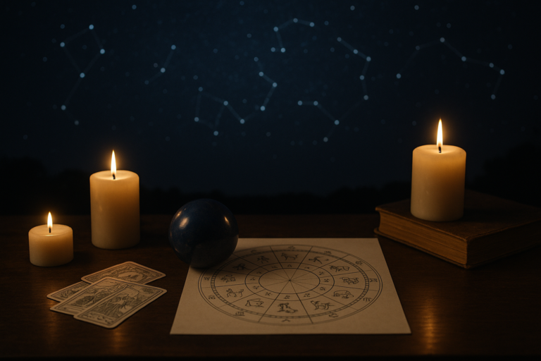 Blog o astrologii z kartami, kulą i mapą znaków zodiaku przy świecach