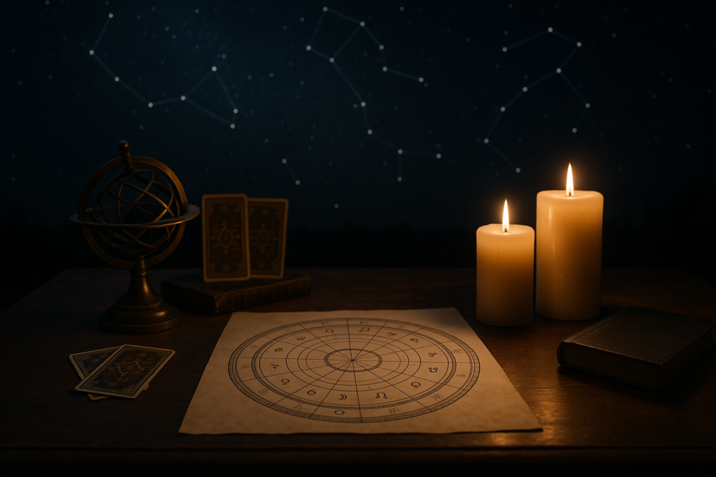 Horoskop dzienny 9 lipca 2026 przedstawiony na tle astrologicznego koła, kart i zapalonych świec.