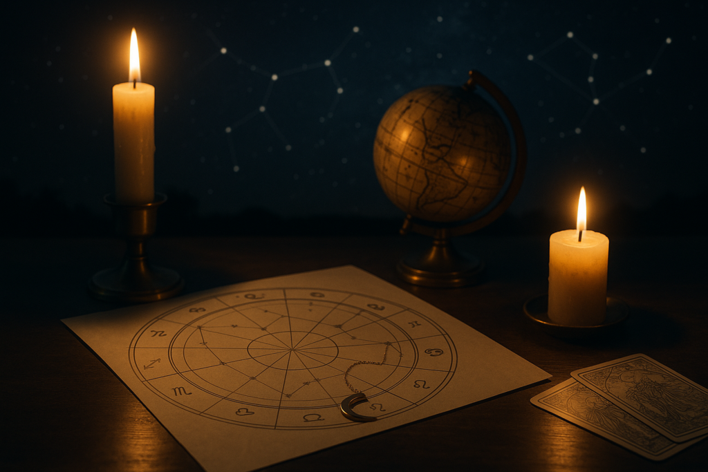 Horoskop dzienny 10 lipca 2026 przedstawiony na tle karty astrologicznej, globusa, świec i konstelacji.