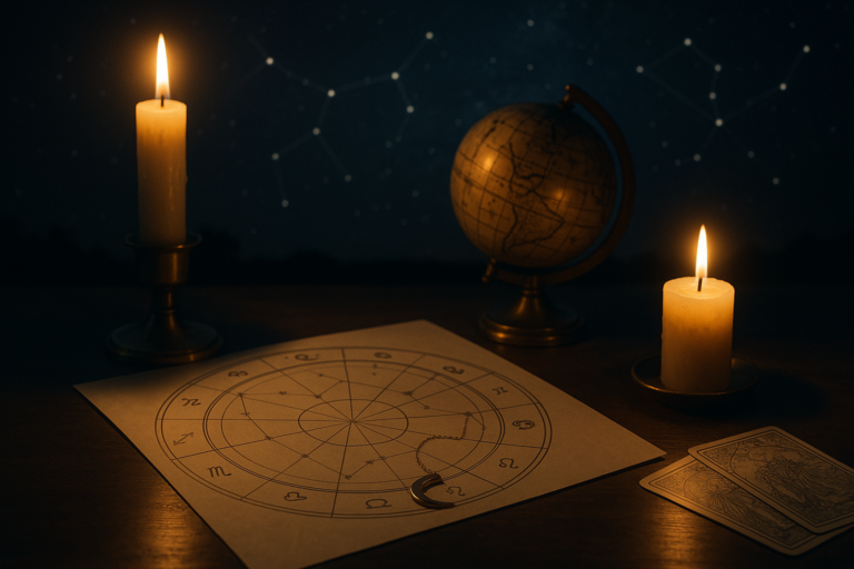 Blog przedstawiony jako nastrojowa scena z mapą astrologiczną, globusem i zapalonymi świecami