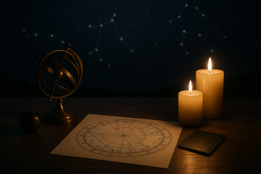 Astrologiczna mapa nieba i świece symbolizujące horoskop dzienny 14 lipca 2026 dla 12 znaków zodiaku.