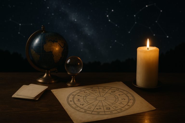 Ilustracja strony Blog: globus, świeca i karta z wykresem astrologicznym na drewnianym stole.