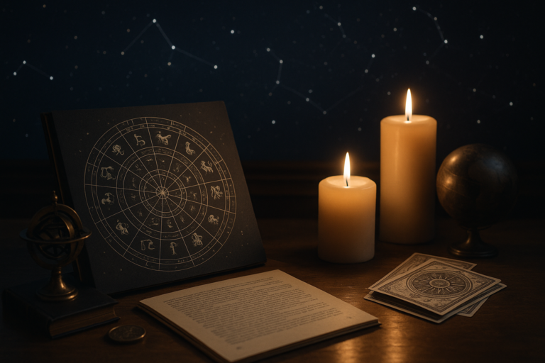 Blog o astrologii przedstawiony przy świecach, z mapą zodiaku, globusem i otwartym tekstem na drewnianym biurku.