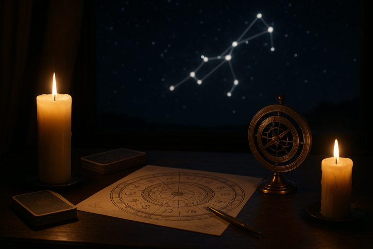 Blog o symbolice i astrologii przedstawiony przy świecach, mapie nieba i astrologicznym kole na biurku.