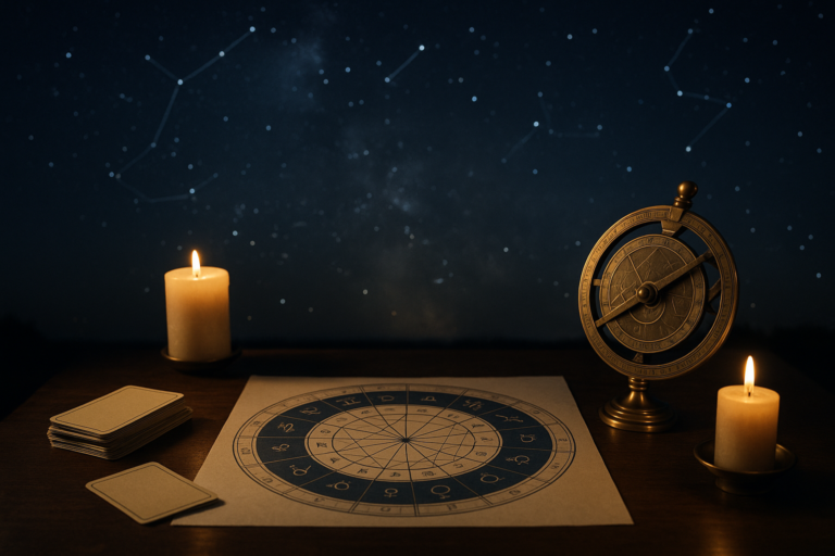 Blog z ilustracją astrologiczną: mapa zodiaku, świece i ozdobny globus na tle rozgwieżdżonego nieba.