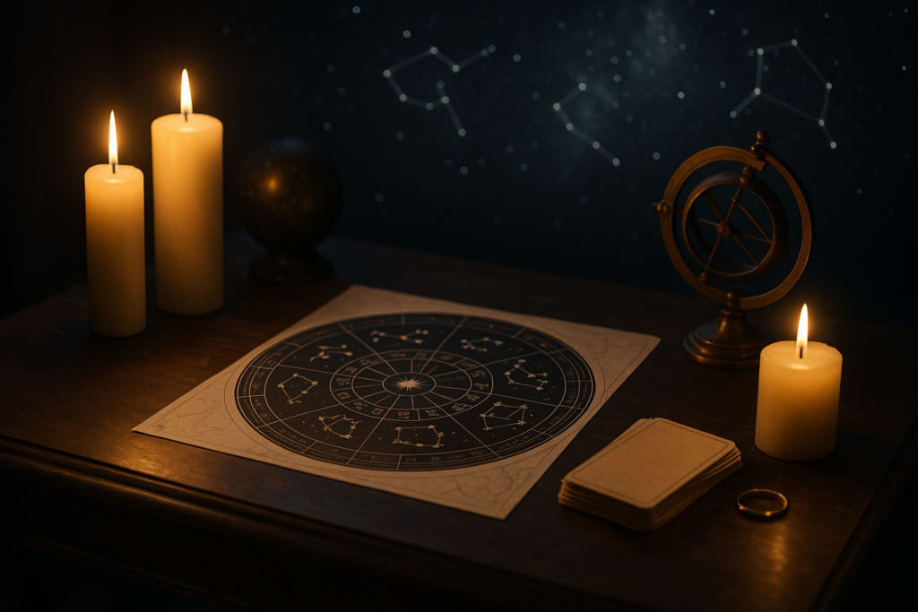 Horoskop dzienny 19 lipca 2026 przedstawiony na tle astrologicznej mapy, świec i symboli zodiaku.