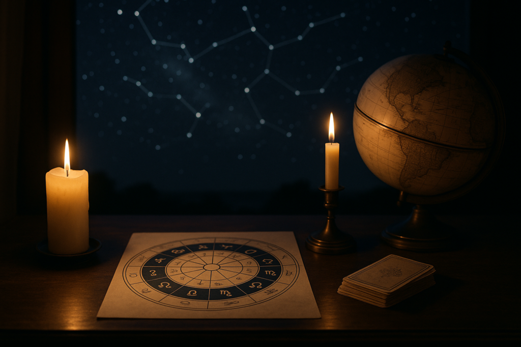 Horoskop dzienny 20 lipca 2026 przedstawiony na karcie zodiaku przy świecach i globusie.