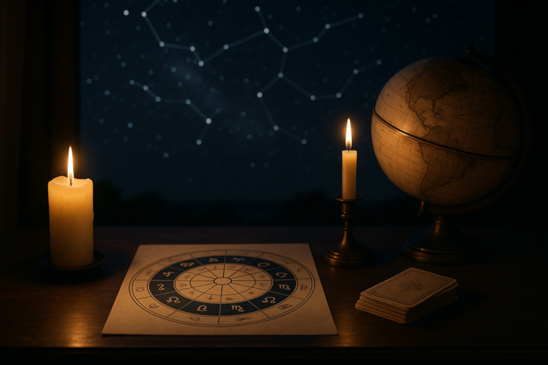 Blog o astrologii przedstawiony przy świecach, z mapą znaków zodiaku, globusem i gwiazdami w tle