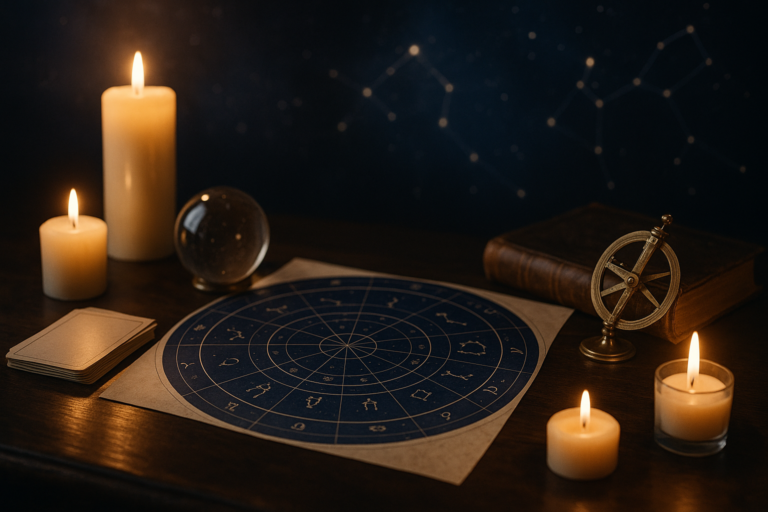 Blog o astrologii przedstawiony przy mapie nieba, świecach i sferze armilarnej na drewnianym stole.