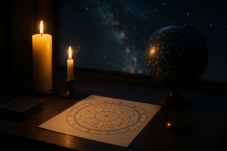 Blog z ilustracją koła zodiaku, świecami i globusem na tle nocnego nieba