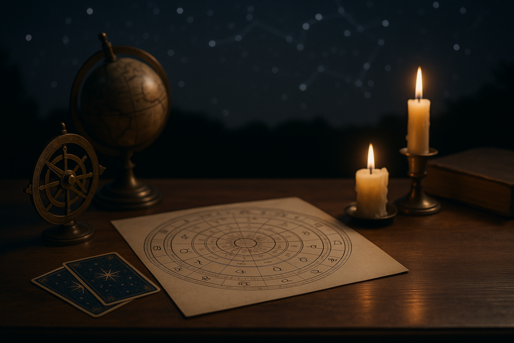 Horoskop dzienny 25 lipca 2026 przedstawiony na tle koła zodiaku, świec i nocnego astrologicznego gabinetu.