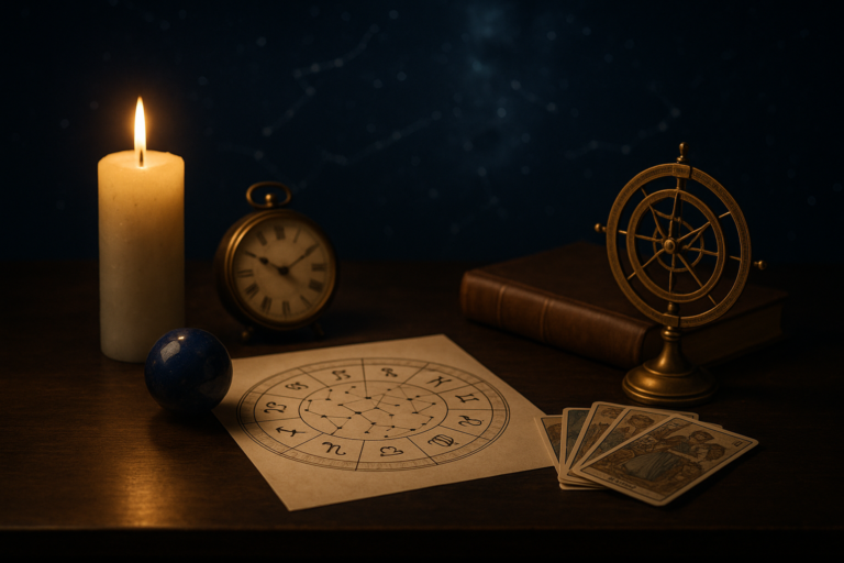 Blog przedstawia nastrojową kompozycję z zapaloną świecą, zegarkiem kieszonkowym, mapą znaków zodiaku, kartami i mosiężnym astrolabium.