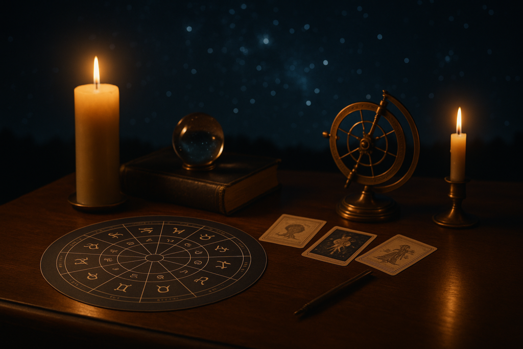Symboliczna scena astrologiczna ilustrująca horoskop dzienny 27 lipca 2026: mapa zodiaku, świece, kryształowa kula i karty na stole.