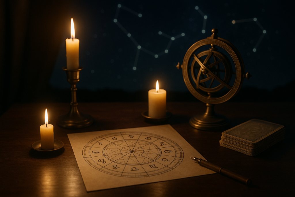 Horoskop dzienny 29 lipca 2026 przedstawiony na mapie zodiaku przy świecach i astrologicznym instrumencie