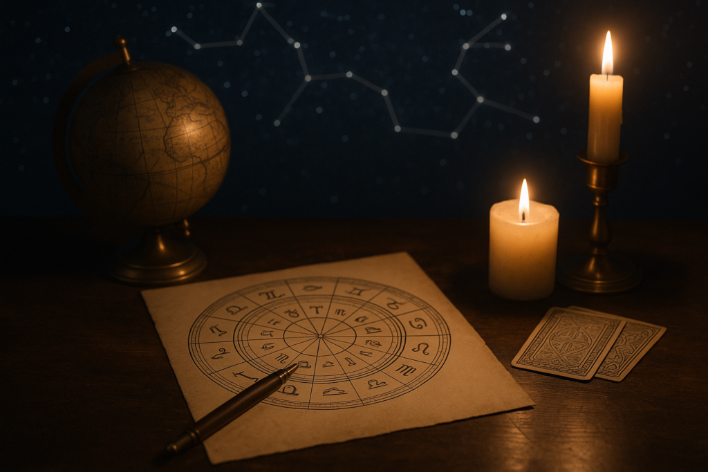 Koło zodiaku przy świecach Horoskop dzienny 30 lipca 2026 przedstawiony na tle koła zodiaku, świec, globusa i kart astrologicznych.