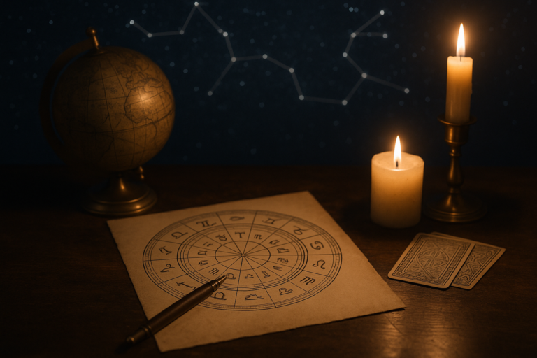 Oświetlony świecami stół z kartą zodiaku, globusem i dwiema kartami symboliki ezoterycznej na tle konstelacji