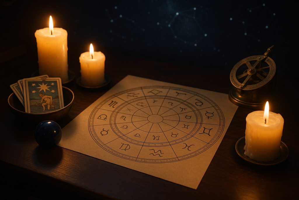 Horoskop dzienny 31 lipca 2026 przedstawiony na tle koła zodiaku, kart tarota, świec i astrologicznych akcesoriów.