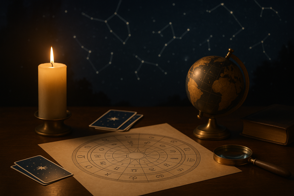 Horoskop dzienny 1 sierpnia 2026 przedstawiony na astrologicznej mapie zodiaku przy świecy, globusie i kartach.