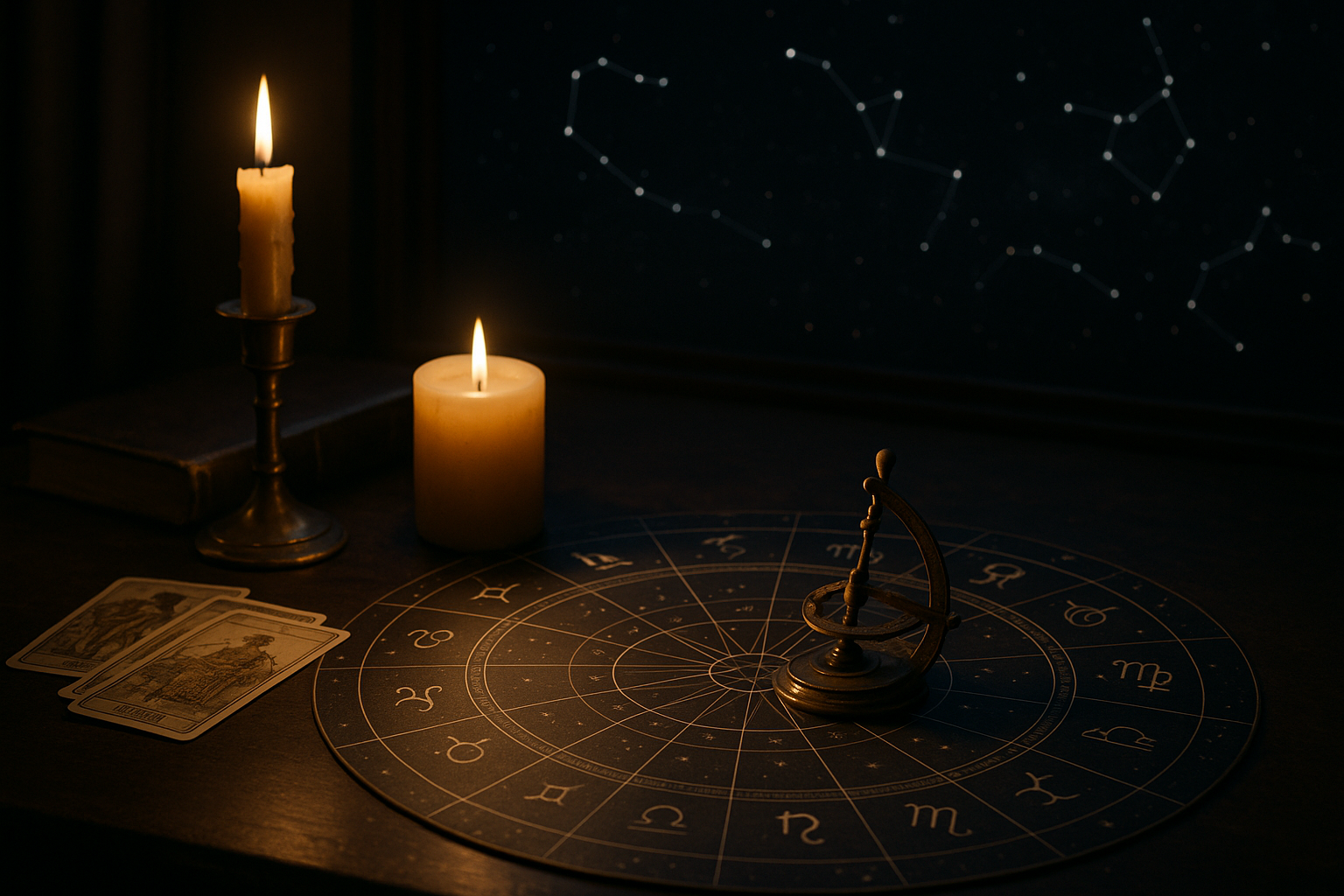Horoskop dzienny 2 sierpnia 2026 przedstawiony na astrologicznej mapie zodiaku przy świecach i kartach.