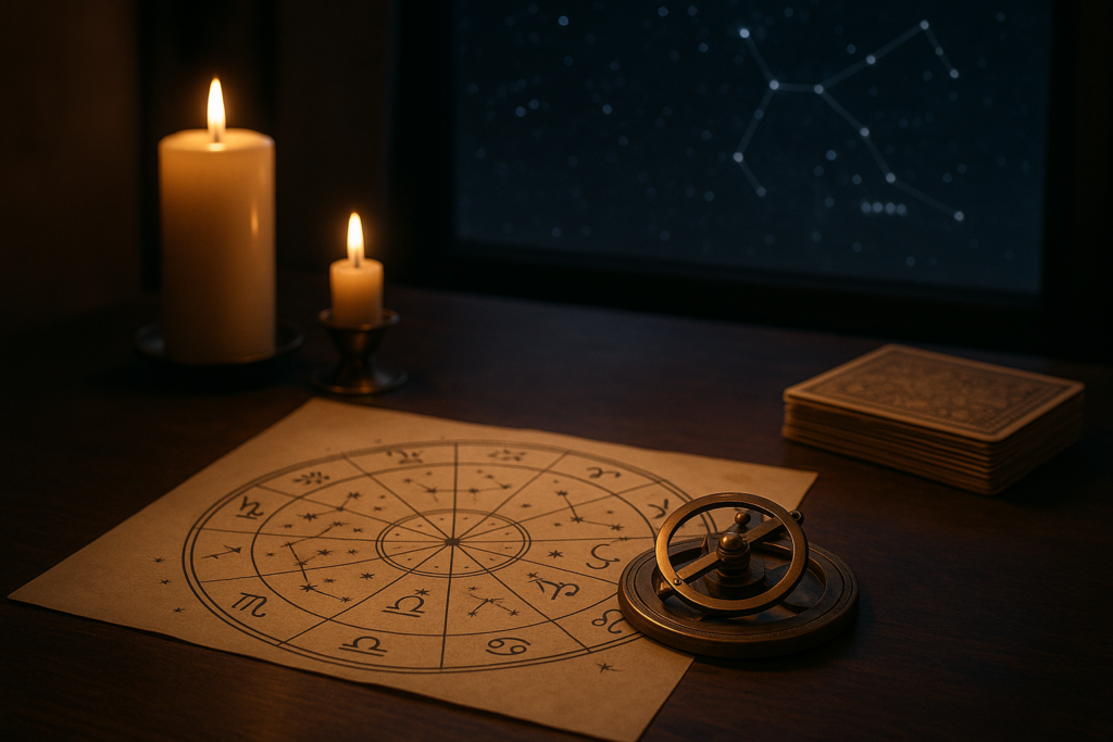 Horoskop dzienny 3 sierpnia 2026 przedstawiony na mapie zodiaku przy świecach i astrologicznym przyrządzie.