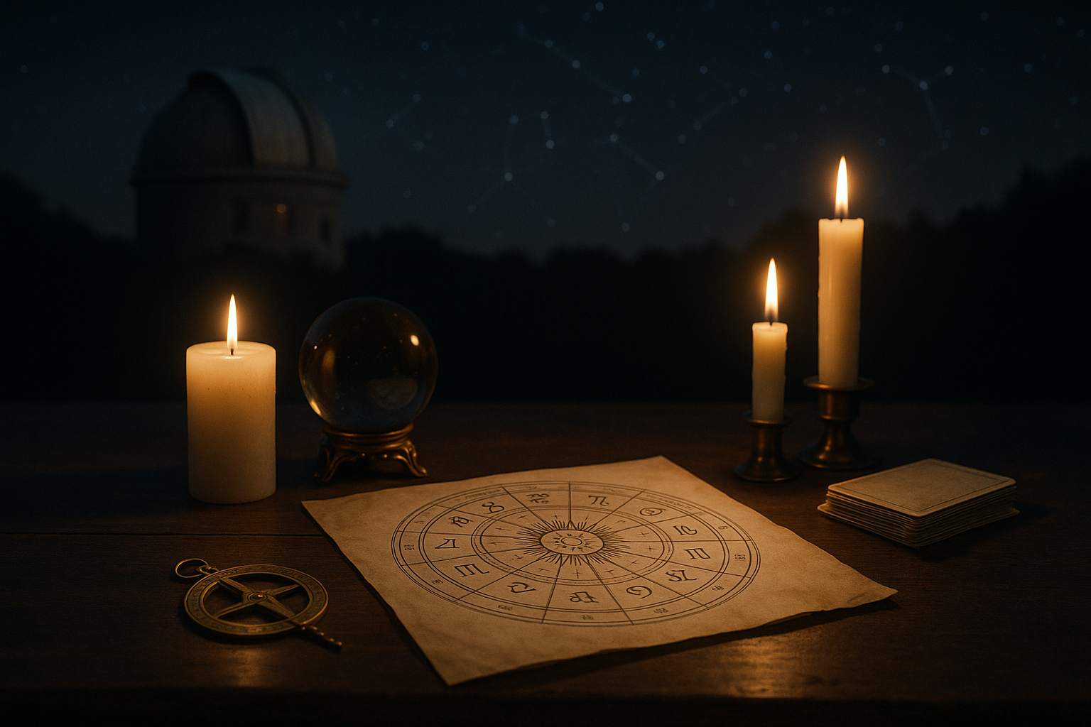 Horoskop dzienny 4 sierpnia 2026 przedstawiony na mapie astrologicznej przy świecach i kryształowej kuli.
