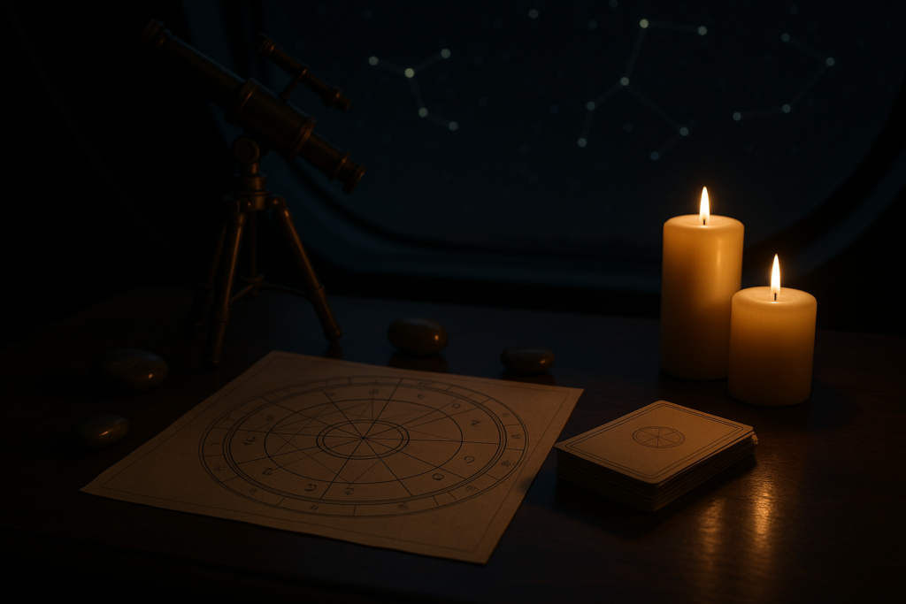 Astrologiczna mapa zodiaku Horoskop dzienny 5 sierpnia 2026 przedstawiony przy mapie znaków zodiaku, świecach i teleskopie.