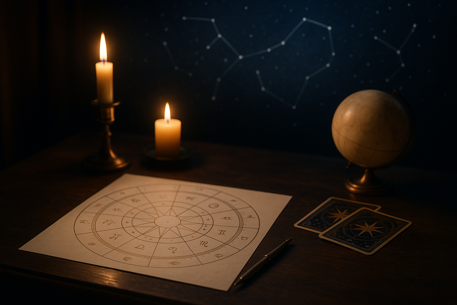 Horoskop dzienny 6 sierpnia 2026 przedstawiony przy mapie astrologicznej, świecach, globusie i kartach na ciemnym tle.