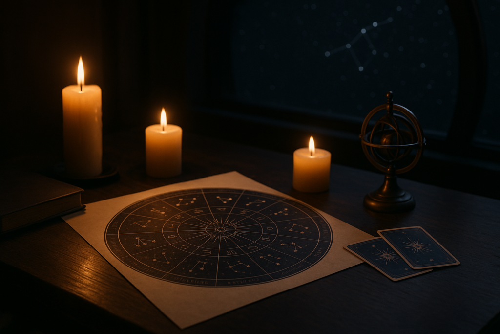 Horoskop dzienny 7 sierpnia 2026 przedstawiony na astrologicznej mapie zodiaku przy świecach.