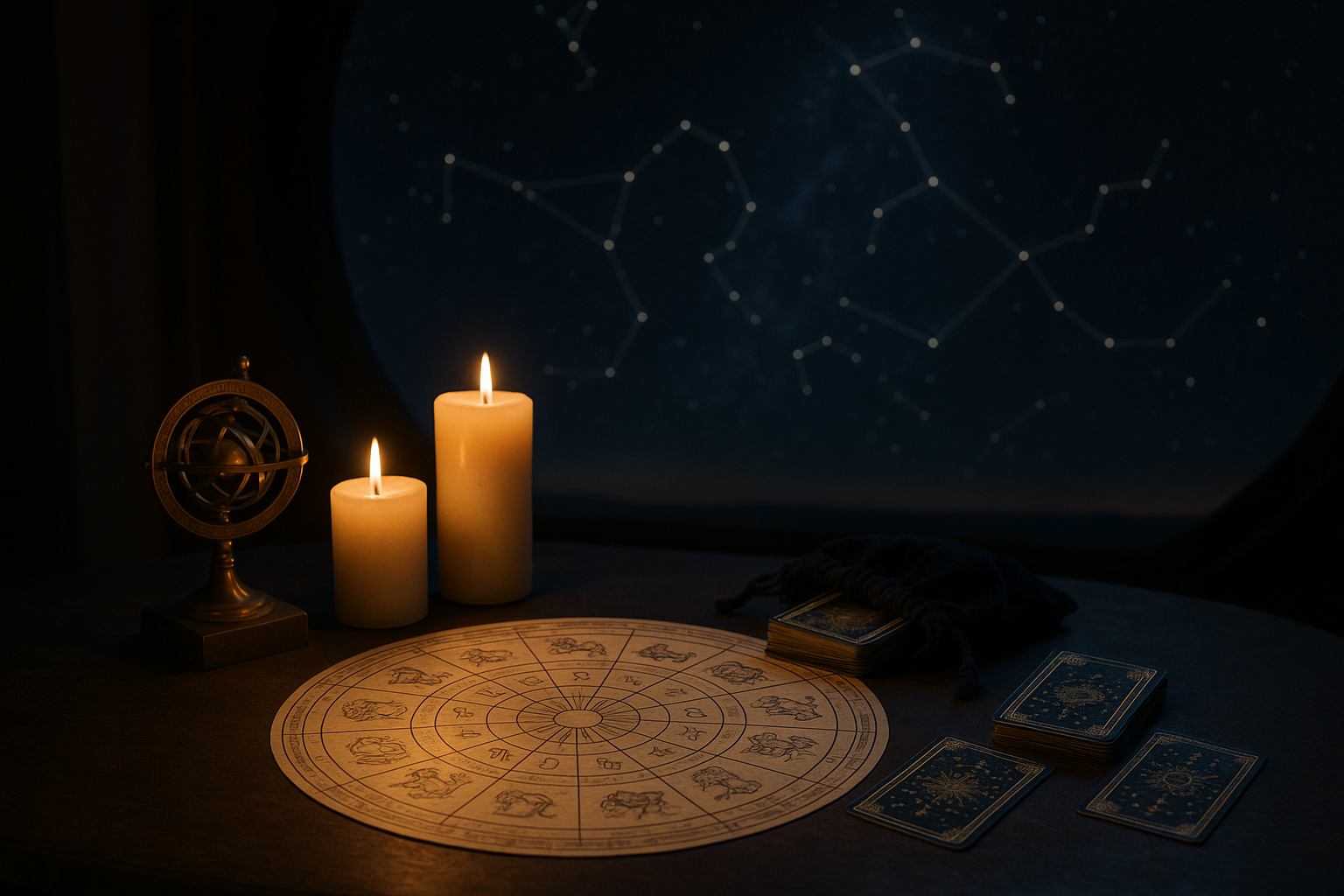 Horoskop dzienny 8 sierpnia 2026 przedstawiony na tle koła zodiaku, świec i kart astrologicznych.