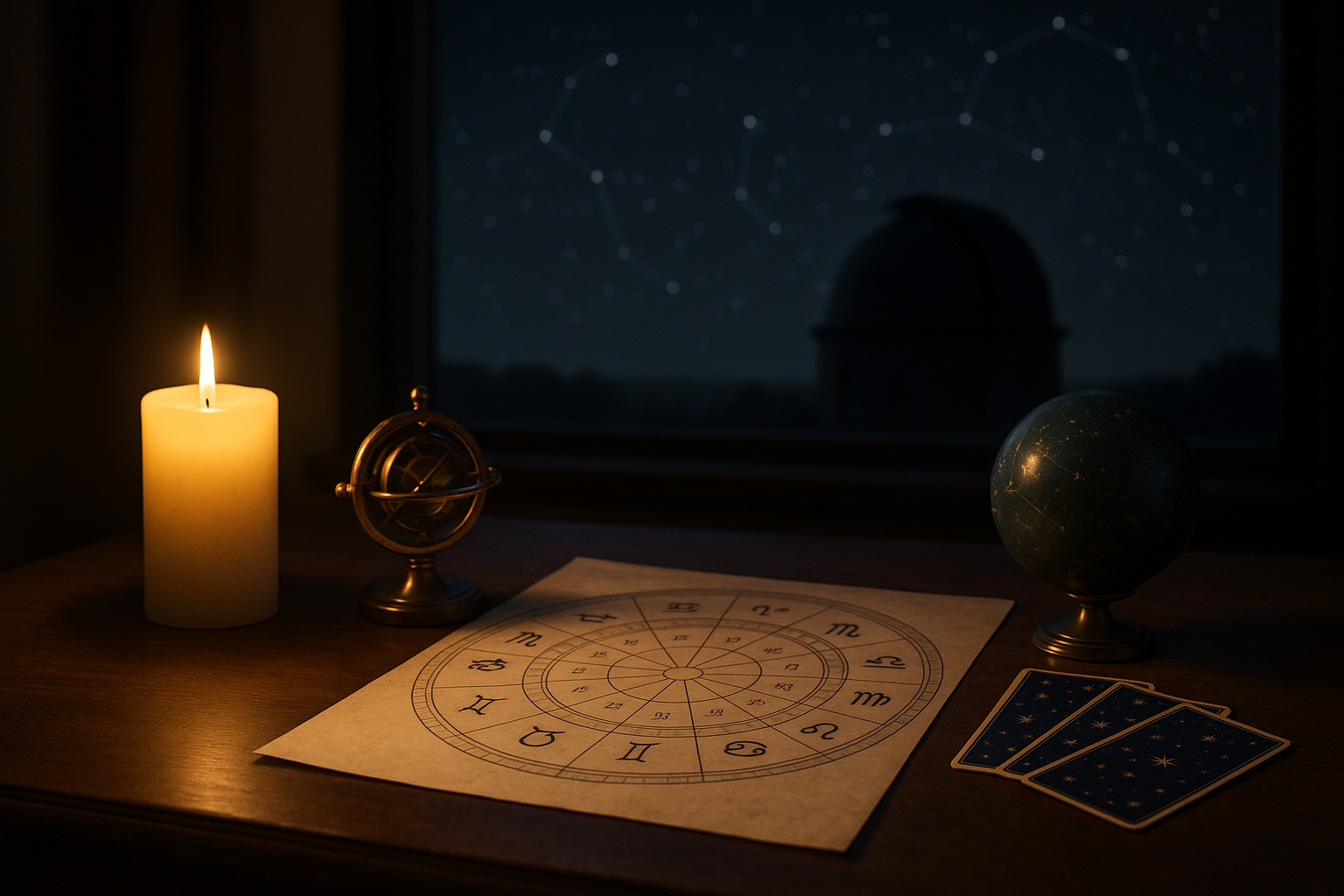 Horoskop dzienny 9 sierpnia 2026 przedstawiony na karcie zodiaku przy świecy i sferze astronomicznej.